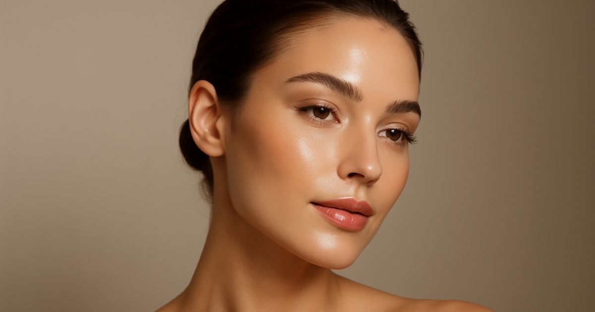 Close-up portrait of a woman with smooth glowing skin and natural makeup against a neutral background.