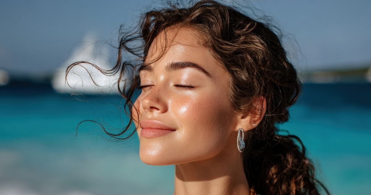 Woman with glowing skin and defined eyebrows relaxing by the ocean in natural sunlight.