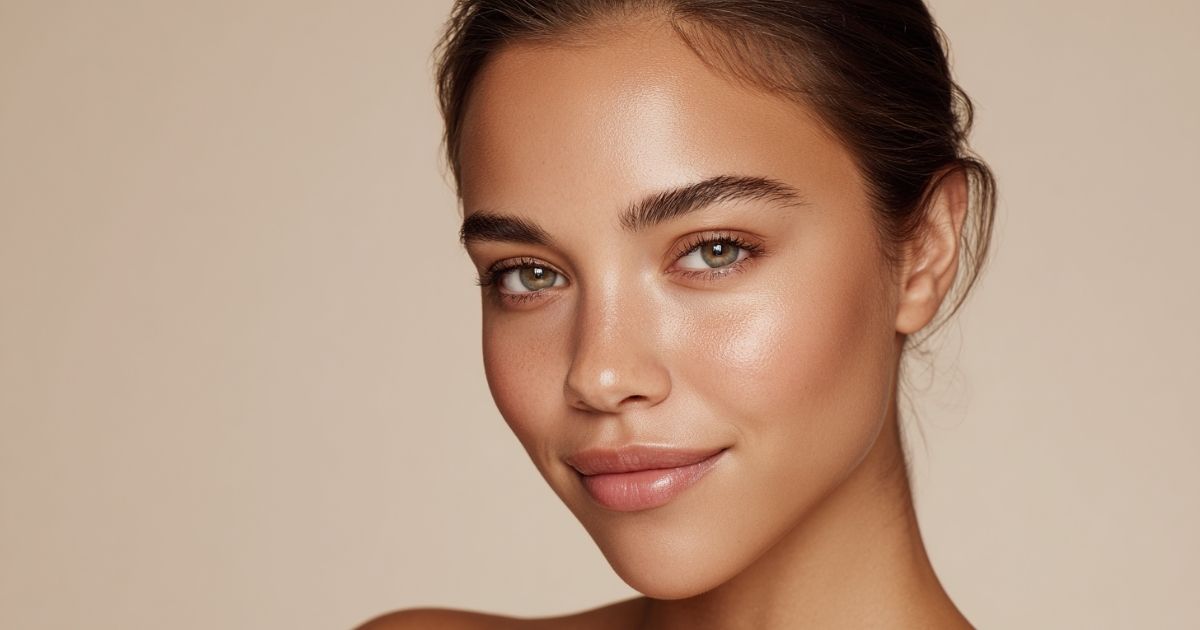 Close-up portrait of a woman with natural-looking eyebrows and glowing skin against a neutral background.